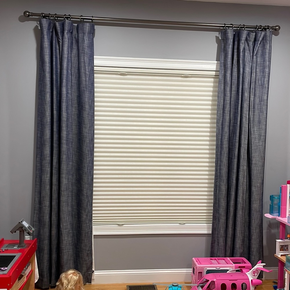 LIKE new navy black out restoration hardware window treatments 2 panels/curtains